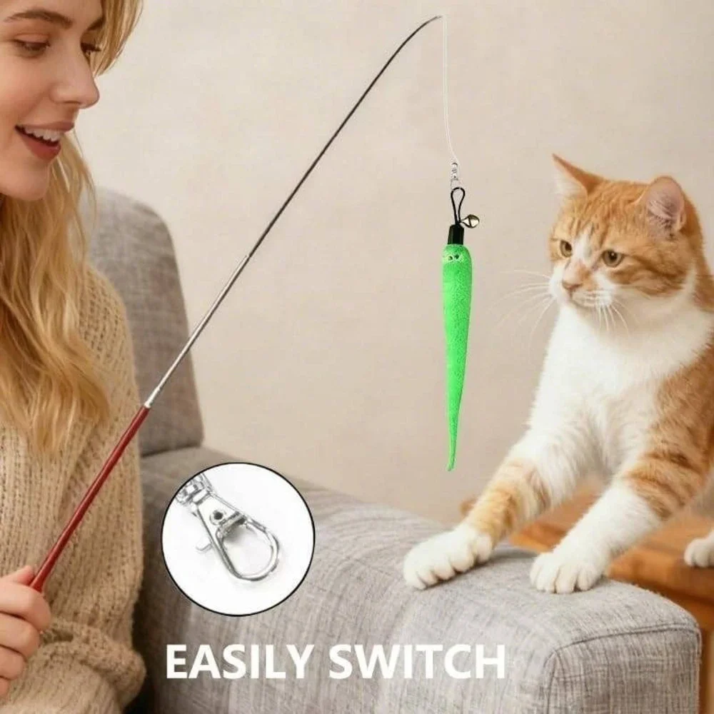 Retractable Cat Wand Toy Set with 9 Interchangeable Feather and Worm Refills